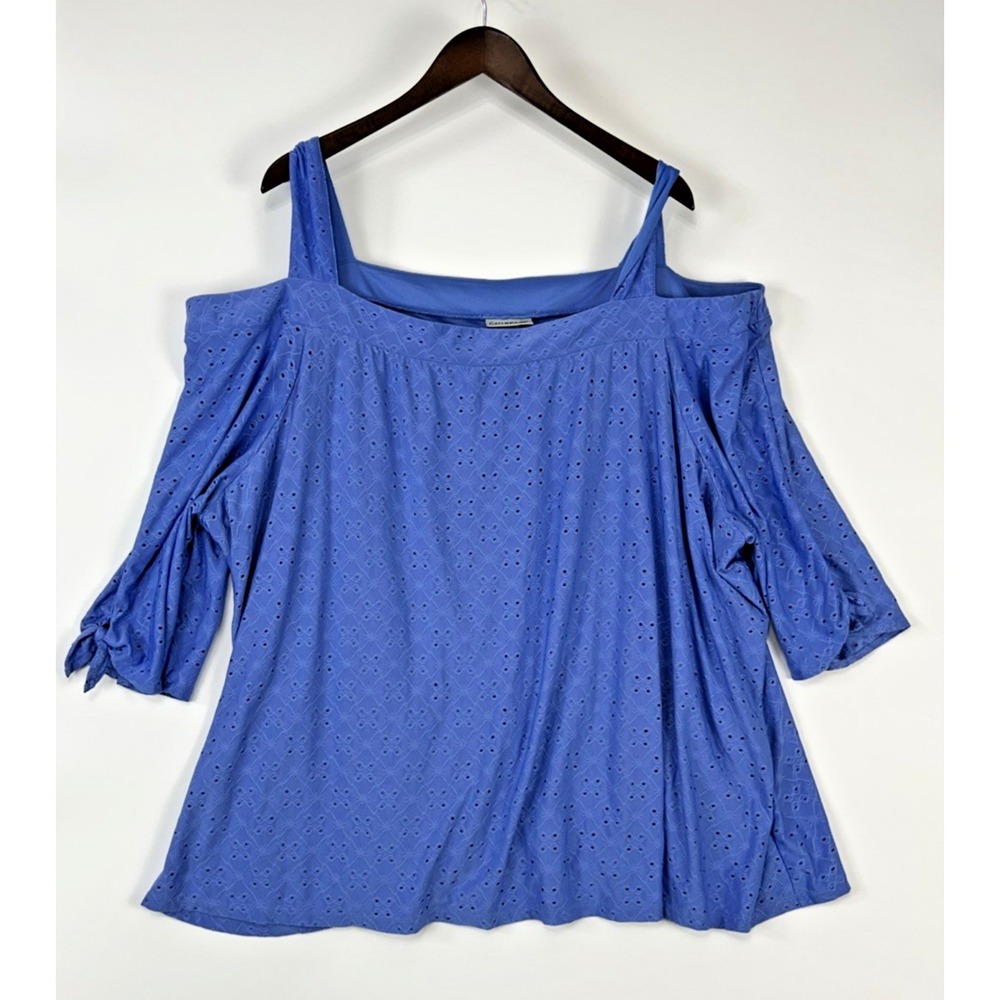 Catherines Womens Cold Shoulder Top Size 5X Eyelet‎ Blue Cottagecore Feminine